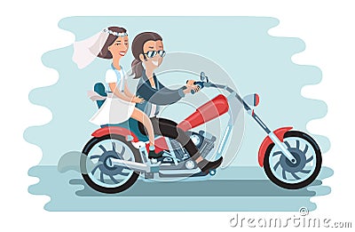 Wedding young couple riding the motorcycle Vector Illustration