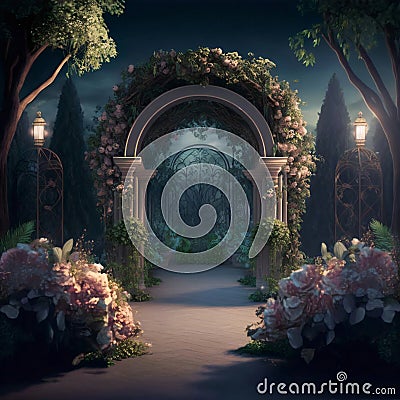 weddings an arch of flowers a garden of branches and roses with a romantic nature Stock Photo