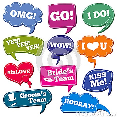 Weddings phrases in speech bubbles vector photo props set Vector Illustration