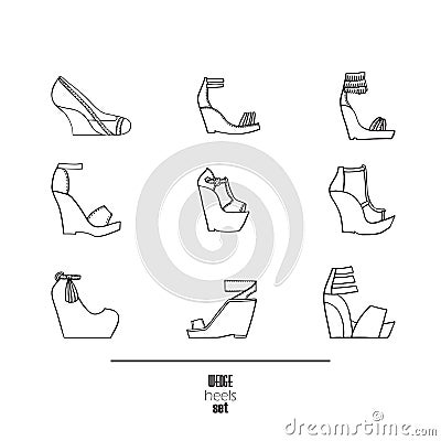 Wedge heels and sandals set. Vector illustration, hand drawn with black ink and isolated on white background. Fashion set with dec Cartoon Illustration