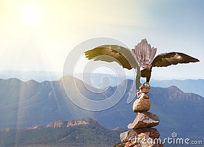 Wedge-tailed Eagle landing on rock cairn on mountain top Stock Photo