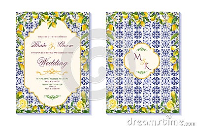 Italian Wedding Invitation with Lemons and Ceramic Tiles, Amalfi Coast Inspired Wedding Invitation Template Vector Illustration