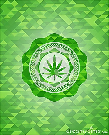 Weed leaf icon inside green emblem. Mosaic background Vector Illustration
