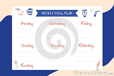 Week meal planner, daily food plan. Diet diary list, weekly organizer, A4 printable page Vector Illustration