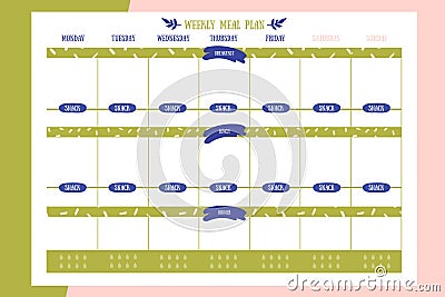 Week meal planner, daily food plan. Diet diary list, weekly organizer, A4 printable page Vector Illustration