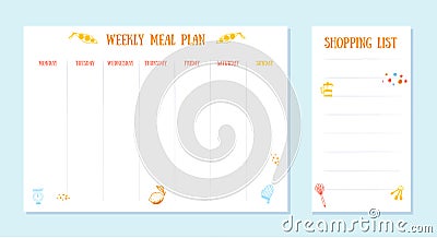 Week meal planner, daily food plan. Diet diary list, weekly organizer, A4 printable page Vector Illustration