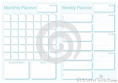 Week and month planner leaf in blue color without dates, week starts on Monday Vector Illustration