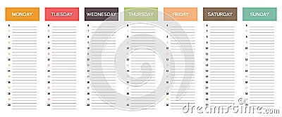 Week planning calendar in nice muted colors Vector Illustration