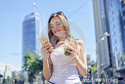 Weekend holiday dream dreamy mood concept. Close up photo portrait of pretty attractive cute lovely lady looking at smart phone ty Stock Photo