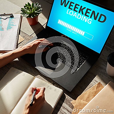 Weekend loading status bar message on device screen. Stock Photo