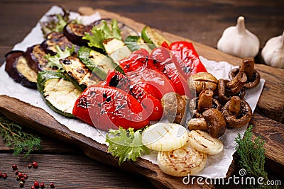 Weekend picnic food, grilled barbecue vegetables Stock Photo