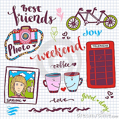 Weekend stickers romantic set of hand drawn elements with phone booth, photo card and tandem bike. For greeting card and decoratio Vector Illustration