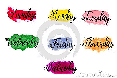 Weekly calligraphy days of the week Sunday, Monday, Tuesday, Wednesday, Thursday, Friday, Saturday on abstract acrylic or oil Stock Photo