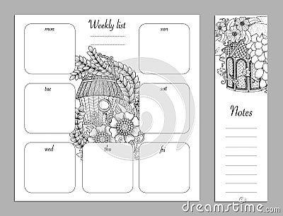 Weekly list design for notepad. Sketchbook, diary mockup. Coloring page. Vector Illustration