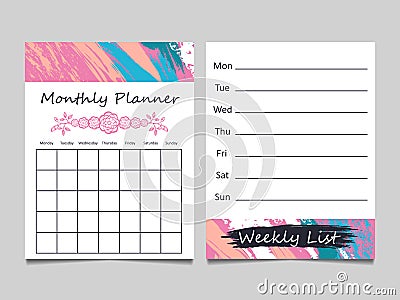 Weekly list and monthly planner template design Vector Illustration