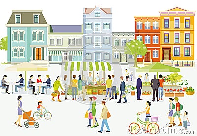 Weekly market in a shopping street, city life, illustration, Vector Illustration