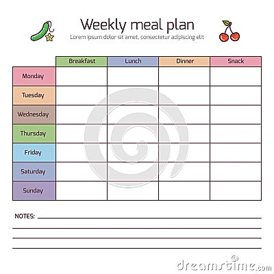 Weekly meal plan, mealtime vector diary Vector Illustration