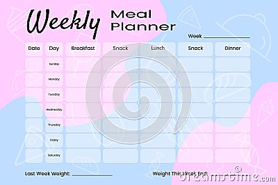 Weekly meal planner. The concept of weight loss, healthy lifestyle. Vector image Vector Illustration