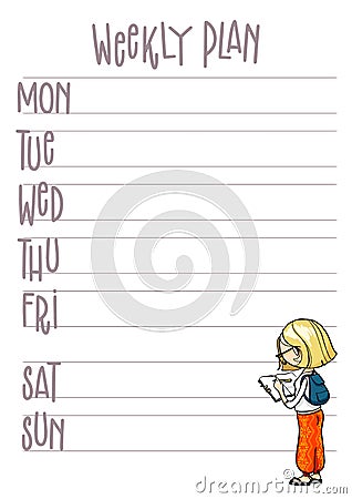 Weekly plan. Planner with cute cartoon character. Vector printable week organizer template Stock Photo