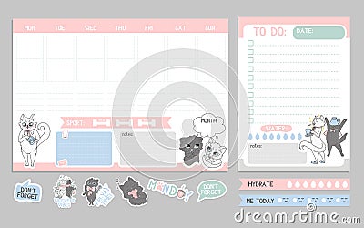 Weekly planner cute design with cats. To-do list with cats template Vector Illustration