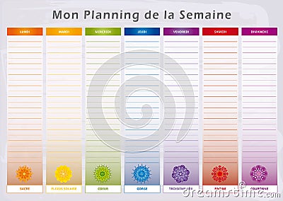 Weekly Planner with 7 Days and corresponding Chakras in Rainbow Colors - French Language Vector Illustration