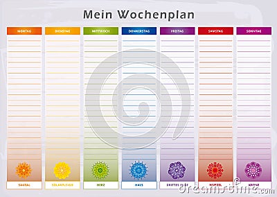 Weekly Planner with 7 Days and corresponding Chakras in Rainbow Colors - German Language Vector Illustration