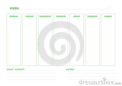 Weekly planner green color. Don`t forget and notes. Printable template. Vector illustration, flat design Vector Illustration