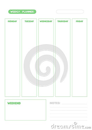 Weekly planner green color. Notes. Printable template. Vector illustration, flat design Vector Illustration