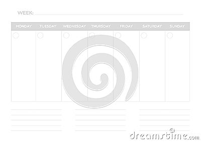 Weekly planner grey color. Notes. Printable template. Vector illustration, flat design Vector Illustration