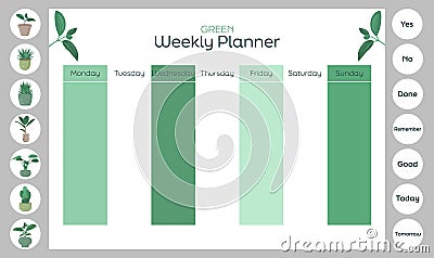 Weekly planner with houseplant illustrations and special stickers. Template for agenda, timetable, planners, checklists Vector Illustration