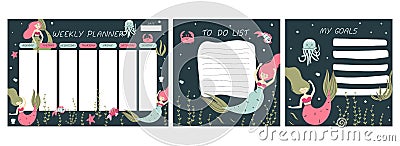 Weekly planner. Mermaid cartoon notebook sheet, to do list and goals template, marine poster for girls, underwater childish Vector Illustration