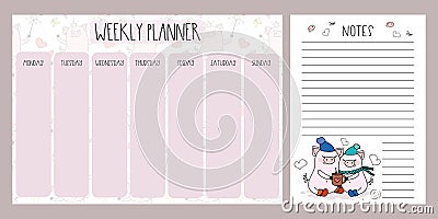 Weekly planner and notes with cute pigs,adorable farm animals,template page Vector Illustration