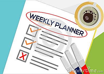 Weekly Planner or planning icon concept. One task failed. Paper sheets with check marks, abstract text and marker. Vector Illustration