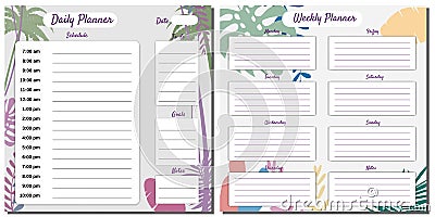 Weekly, Daily Planner Set template vector. Palms floral decoration background, timetable, To Do list, goals, notes Vector Illustration