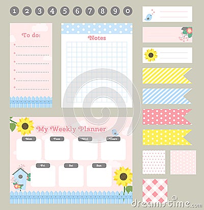 Weekly planner template. Organizer and schedule with notes and to do list. Vector Illustration