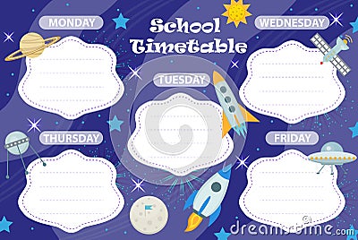 Weekly school timetable template with cute design elements. Weekday planner for kids. vector illustration Vector Illustration