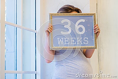 36 weeks of pregnancy sign in woman hands Stock Photo