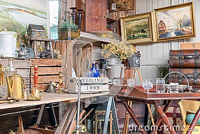 Exposition of vintage furniture at Dutch flea market Editorial Stock Photo