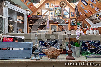 Exposition of vintage furniture at Dutch flea market Editorial Stock Photo