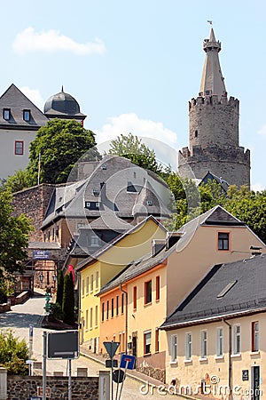 Weida, Germany - June 18, 2023: Osterburg Castle, a castle located conspicuously on a hill in the middle of the town of Weida in Editorial Stock Photo