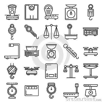 Weigh scales icons set, outline style Vector Illustration