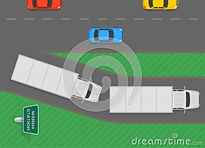 Weigh station area. Top view of a semi-trailers on a queue to station. Vector Illustration