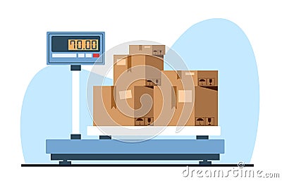 Weighing cardboard boxes with load on floor electronic scale. Warehouse equipment for measurement, delivery storage and Vector Illustration