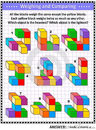 Weighing and comparing educational math puzzle Vector Illustration