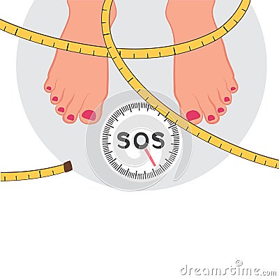 Weighing a person on the scales. Problem of obesity Vector Illustration