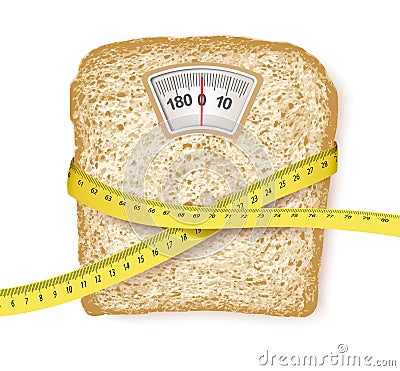 Weighing scales in form of a bread slice and measuring tape. Vector Illustration