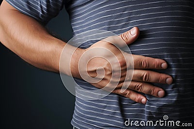 Weight concept mans hand grips excessive belly fat, illustrating obesity Stock Photo