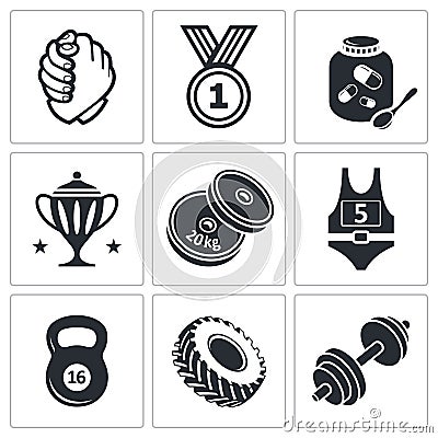Weight lifting and arm wrestling icon set Vector Illustration