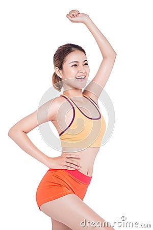 Weight loss concept. Cheerful young exercising woman, isolated o Stock Photo
