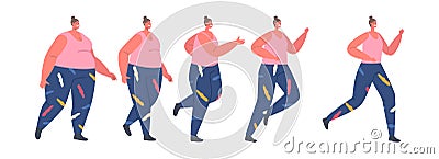 Weight Loss Concept. Fat Female Character Walking, Running and Become Slim. Transformation Stage by Stage of Obese Vector Illustration